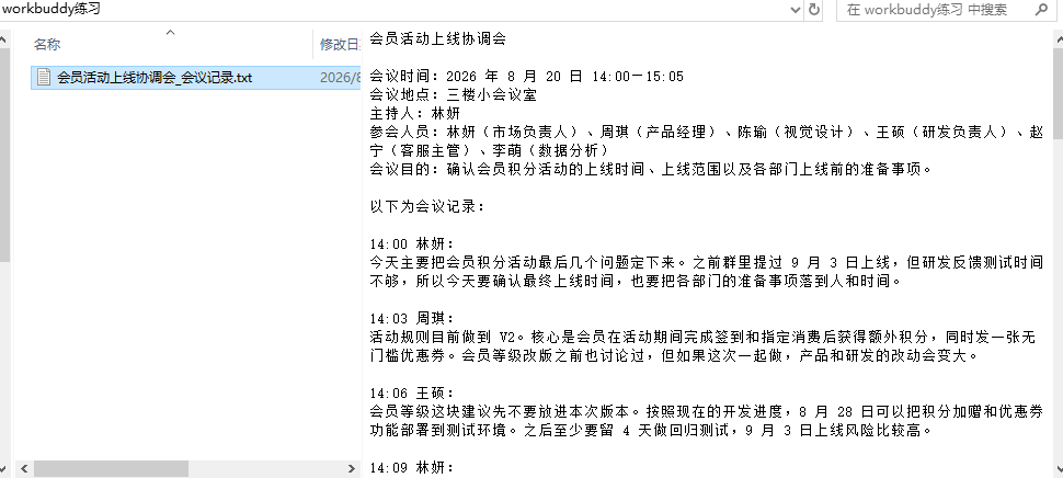 练习文件夹与会议记录预览（课程虚构示例）