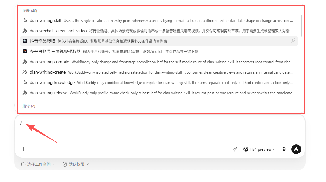 输入斜杠后的技能与指令列表